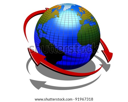 3D modeled earth, accompanied with circular arrows, representing notions such as globalization, international transport, import-export business and communication technologies