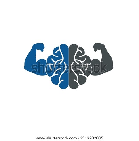 Brain, intellect power. Extreme intelligence, high IQ concept. Brain with strong double biceps. Vector illustration, flat design, cartoon style. Isolated on white background. Front view.