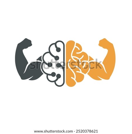 Brain, intellect power. Extreme intelligence, high IQ concept. Brain with strong double biceps. Vector illustration, flat design, cartoon style. Isolated on white background. Front view.