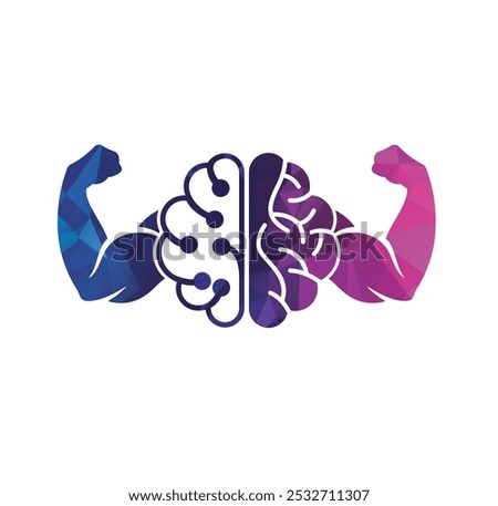 Brain, intellect power. Extreme intelligence, high IQ concept. Brain with strong double biceps. Vector illustration, flat design, cartoon style. Isolated on white background. Front view.