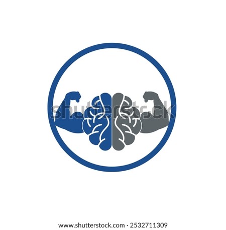 Brain, intellect power. Extreme intelligence, high IQ concept. Brain with strong double biceps. Vector illustration, flat design, cartoon style. Isolated on white background. Front view.