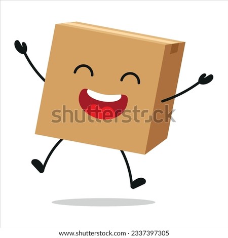 Cute happy carton box character. Funny celebration jump package cartoon emoticon in flat style. cardboard emoji vector illustration