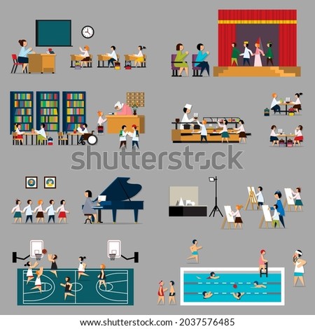 Back to school. The set of children in the classroom, library, music class, gym, pool, drawing, canteen, assembly hall. Vector flat illustration.