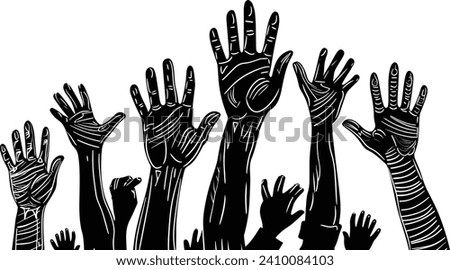 Raised Hands Uniting in Support, line art vector, Hand-Drawn Illustration for National Breast Cancer Awareness Month, Healthcare Awareness, multitude hands raised, many people, hands, pink ribbon