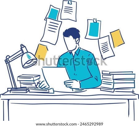 A businessman catching up on paperwork at his desk, office work, business documentation, professional paperwork, one continues line art vector illustration