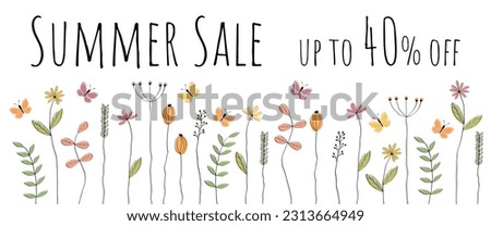 Summer Sale up to 40% off. Sales banner with lovingly drawn flowers and butterflies.