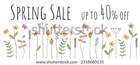 Spring Sale up to 40% off. Sales banner with a lovingly drawn flower meadow and butterflies.