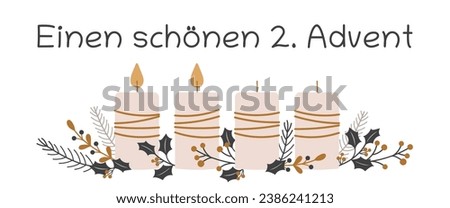 Einen schönen 2. Advent - text in German language - Happy 2. Advent. Greeting card with candles and winter branches.