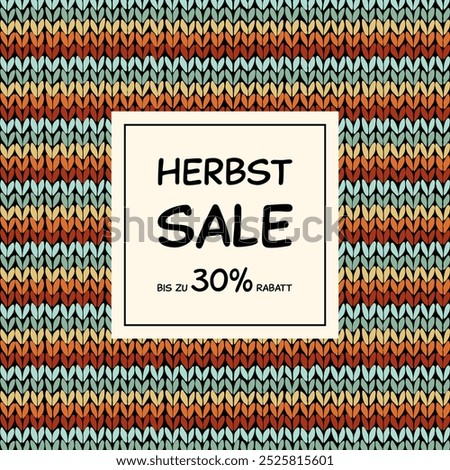 Herbst Sale bis zu 30% Rabatt - text in German language - Autumn Sale up to 30% off. Square sales poster with a striped knitting pattern.