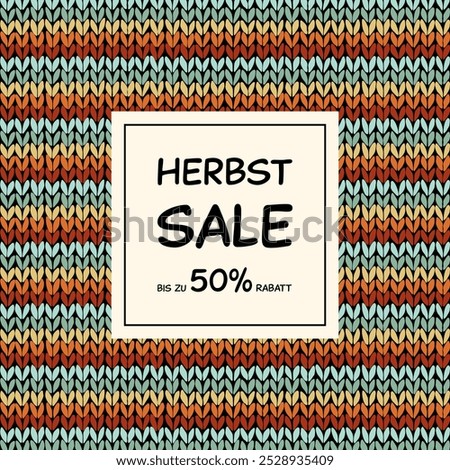 Herbst Sale bis zu 50% Rabatt - text in German language - Autumn Sale up to 50% off. Square sales poster with a striped knitting pattern.