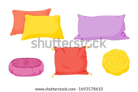 Colored pillow flat cartoon set. Home interior textile. Pillows square, knot with tassels, pillow pouffe mockup template. Feather, bamboo eco fabric. Colorful cushion design. Vector illustration