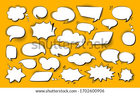 Speech bubble comic pop art set. Retro empty design elements dialog clouds with halftone dot background. Speech thought blobs comics book, vintage banner. Cartoon 80s-90s Vector illustration Isolated