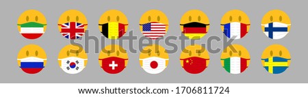 Set of flags on the masks, masked smiley. Together stop pandemic. Coronavirus Covid 19, cartoon International. Save health concept, stop pandemic. Vector illustration