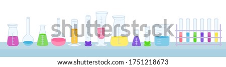 Flask and beaker, microscope, jars. Equipment lab science chemistry, flat cartoon set. Erlenmeyer flask, distilling, volumetric, test tube. lab research elements stand on table. Vector illustration