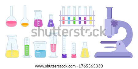 Microscope, flask and beaker, microscope, jars. Equipment lab science chemistry, flat cartoon set. Erlenmeyer flask, distilling, volumetric test tube. Laboratory research elements. Vector illustration