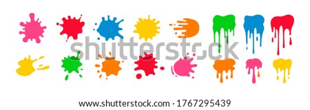 Paint splatter colorful set. Round splash flat collection, decorative shapes liquids. Different splashes and drops, cartoon spatters. Stain colored ink collection. Isolated vector illustration