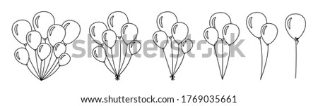 Bunch of balloons set. Outline bunches and groups helium balloons. Linear birthday party design cartoon flat collection. Holiday surprise gift round ballon. Isolated vector illustration