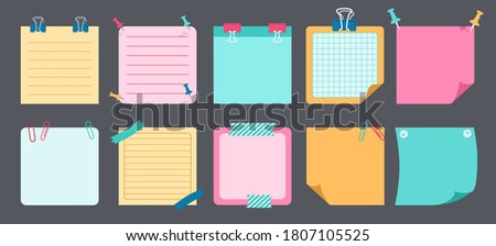 Paper sticky note flat set. Blank notes with elements of planning. Notebook collection with curled corners, push pins. Various tag business office, writing reminds. Isolated vector illustration