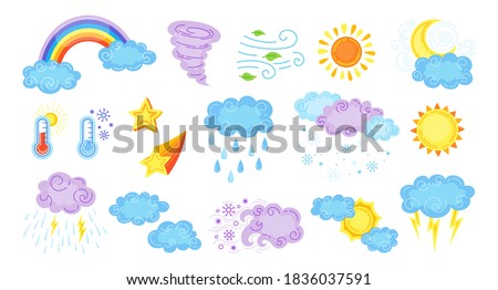 Weather cartoon set. Cute hand drawn sun and clouds, rain or snow, lightning, moon and star, rainbow, thermometer. Symbols of forecast weather. Meteorological infographics signs. Vector illustration