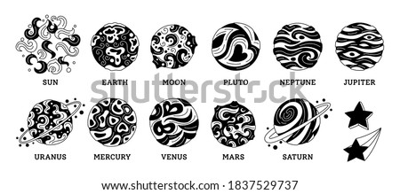 Solar system planet black glyph set. Doodle astronomical observatory. Sun moon mercury venus earth mars jupiter saturn uranus neptun planets. Astronomy galaxy space. Vector black white illustration