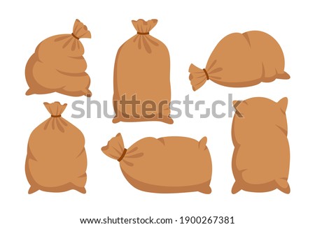 Sacks with flour or sugar cartoon set. Bag burlap collection. Harvest agricultural symbol flour production. Bakery and mill symbol. Design organic farm elements, packaging label vector