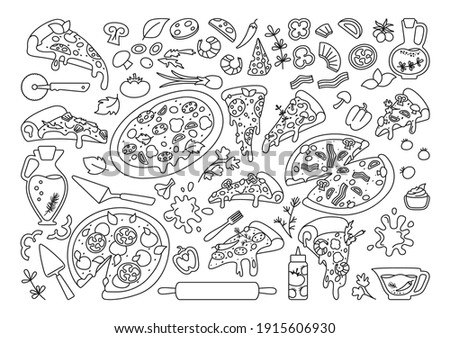 Pizza cartoon black line set. Italian hand drawn pizzas with greens, pepper, tomato, olive cheese. Margarita and hawaiian, pepperoni or seafood, mexican. Pizza pieces and ingredients vector collection