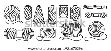 Sewing threads or yarn black line set. Spool and bobbin outline. Dressmaking needlework tools. Dressmaking, sewing workshop, tailoring hobby knitting, weaving wool. Isolated vector illustration