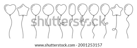 Balloon birthday black line cartoon set. Outline glossy helium air balloons with tape flat party icon collection. Holiday anniversary surprise gift symbol circle, heart shape. Vector illustration