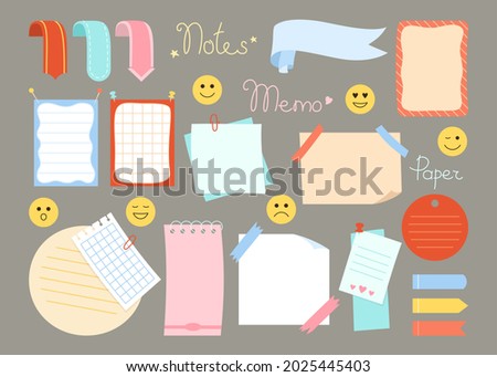 Notebook paper sticky planner note set. Blank stickers and notes with elements planning, emoji sticker. Abstract graphic notepad curled corners, push pins. Tag business office, reminds sheets writing