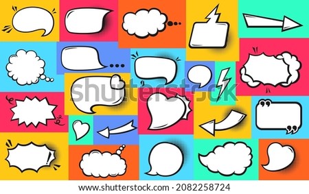 Speech bubble comic pop art set. Retro empty design elements dialog clouds, halftone dot bright background. Speech thought blobs comics book, vintage banner. Cartoon 80s-90s colorful vector