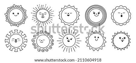 Sun emotion doodle outline character set. Faces summer cute suns collection. Solar funny childish sunny. Smiling shine sun with sunbeams. Isolated contour vector clipart illustration white background