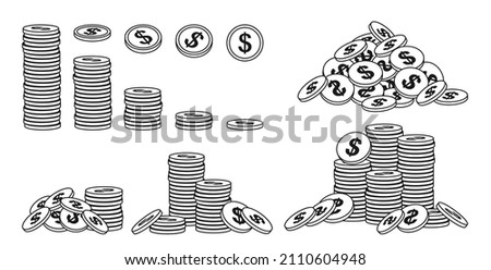 Gold coin pile outline set. Neat money piles, various bunche gold coins contour heap. Mountain currency icons. Pennies hundreds bunches, cash, accumulation finance bank. Doodle vector illustration