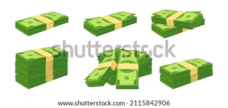 Money cash dollar pile, stack cartoon set. Hundreds paper stack dollars bundle bill. Flat huge packed banknotes, pack accumulation finance debt. Symbol heap bank currency. Vector illustration