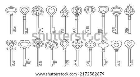Key line icon set. Old contour keys for safety, security protection vintage, antique doodle design element. Retro and modern private access symbol for logo, game web or app ui sign locking encryption