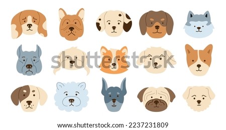 Dog faces emotion cartoon character set. Cute puppy kawaii head muzzle doodle icon. Smiling funny childish doggy pet baby comic flat sticker. Illustration print template for kid card, poster, cover