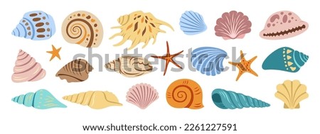 Sea shell, sink cartoon set. Ocean exotic underwater seashell conch aquatic mollusk, sea spiral snail, marine starfish collection. Tropical beach shells nature aquatic water flat design illustration