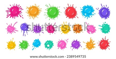 Splash paint splatter shape colorful cartoon set. Stain and splat flat collection, shapes liquids drop icon splatter. Different splashes and drops colored ink collection. Isolated vector illustration