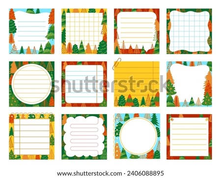 Paper sticky notes, Notepaper Sticker Notepads set with Christmas tree design. Sheet list page lined grid. Stationery elements planning education blank organizer. Isolated cartoon vector illustration