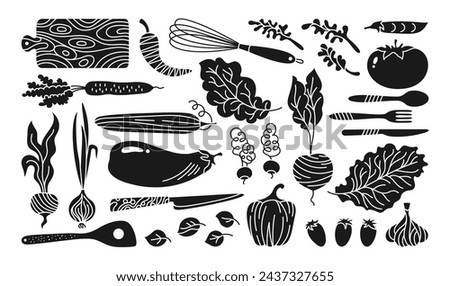 Vegetables and kitchen utensils cartoon engraving set. Vegetable carrot, cucumber, lettuce pepper or onion garlic etc. Hand drawn healthy diet farm product. Silhouette vegetarian childish menu vector