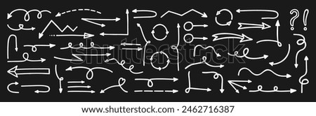 Hand drawn line arrows doodle set. Freehand different curved lines, swirls arrows isolated vector. Arrows ideal for adding playful touch to presentations, designs projects, infographics and statistics