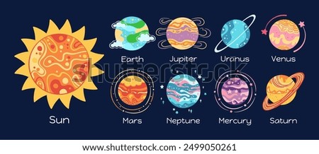 Solar system planets with names drawn set for children. Astronomical galaxy planets cartoon cosmos. Space spheres planets art Earth Venus Mercury Neptune Mars Jupiter Sun vector astronomy illustration