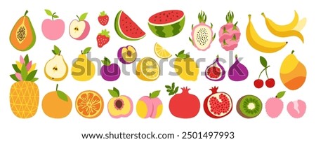 Fruits or berries hand drawn cartoon set. Sliced lemon orange apple pear, watermelon peach papaya fig, pineapple dragon fruits, kiwi mango banana pomegranate. Juicy strawberry plum cherry vector drawn