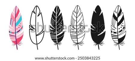 Feather linear icon, cartoon symbol set. Hand drawn colorful stylized bird feathers with ethnic boho ornamental pattern. Simple sign birds feathers silhouette shape or doodle art. Isolated vector