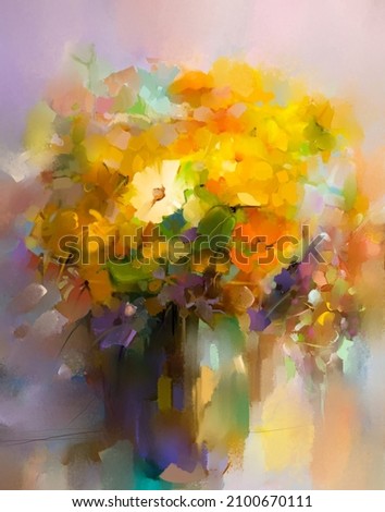 Oil painting abstract art, colorful bouquet flowers and green leaf with vase. Illustration still life of spring, summer flower. Decoration beautiful floral. Artwork paint design for nature background