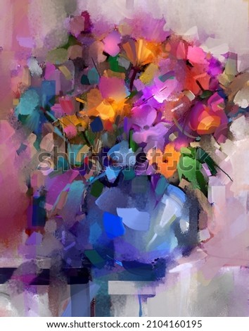 Oil painting abstract art, colorful bouquet flowers and green leaf with vase. Illustration still life of spring, summer flower. Decoration beautiful floral. Artwork paint design for nature background 商業照片 © 