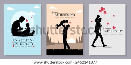 Happy Father's Day with dad and children silhouettes. Vector greeting card with a nice message of Father's Day. 