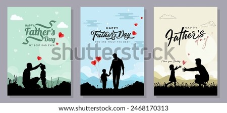 Happy Father's Day with dad and children silhouettes. Vector greeting card with a nice message of Father's Day. 