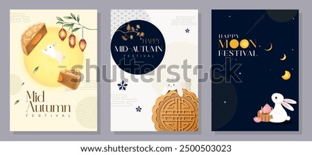 Set of Mid-Autumn Festival card designs with the full moon, rabbits, and Asian patterns. Vector illustration. Mid-Autumn Festival.