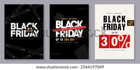 Black Friday banner template. Set of design templates for a Black Friday sale, promotion, advertising, or social media ad with a red balloon, stars, and a discount offer.