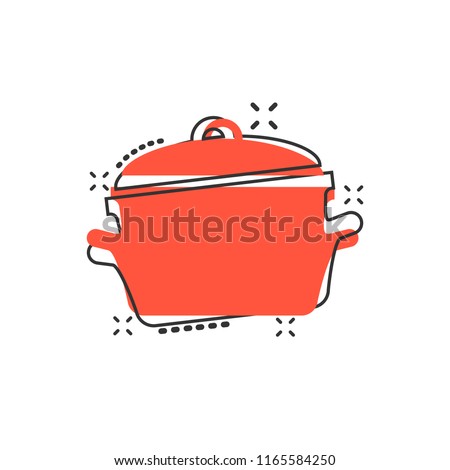 Vector cartoon cooking pan icon in comic style. Kitchen pot concept illustration pictogram. Saucepan equipment business splash effect concept.